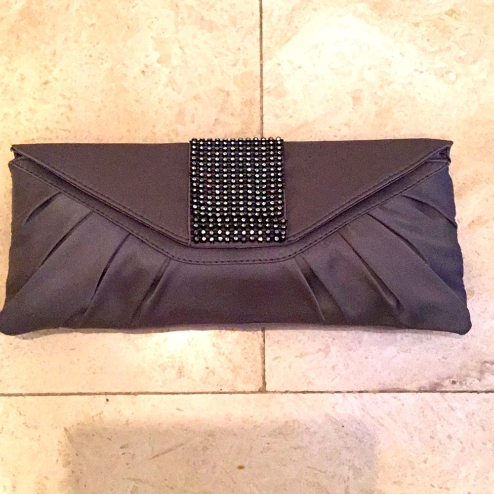 Pewter Coloured Satin Clutch Bag with Bling
